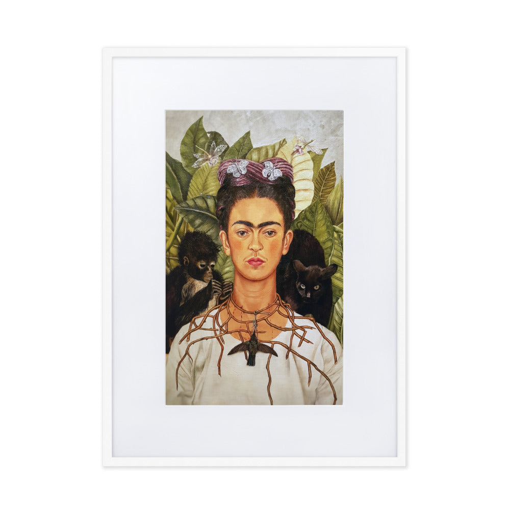 Poster mit Passepartout - Frida Kahlo with Thorn Necklace and Hummingbird Frida Kahlo Weiß / 50×70 cm artlia