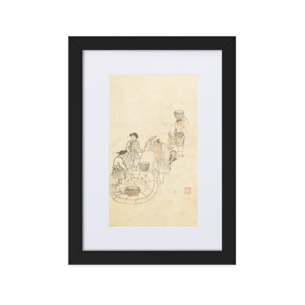 bei der Quelle, Umulga, Kim Hong-do - Poster im Rahmen mit Passepartout Hong-do Kim Schwarz / 21×30 cm artlia