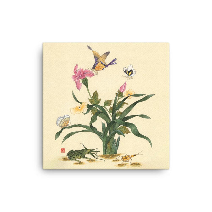 Blumen, Schmetteringe und Frosch - Leinwand artlia 16″×16″ artlia
