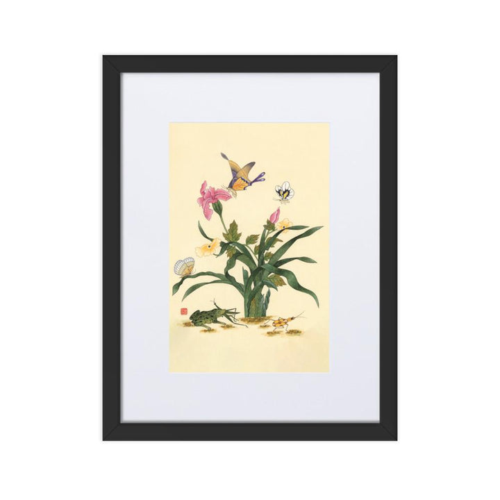 Blumen, Schmetteringe und Frosch - Poster im Rahmen mit Passepartout artlia Schwarz / 30×40 cm artlia