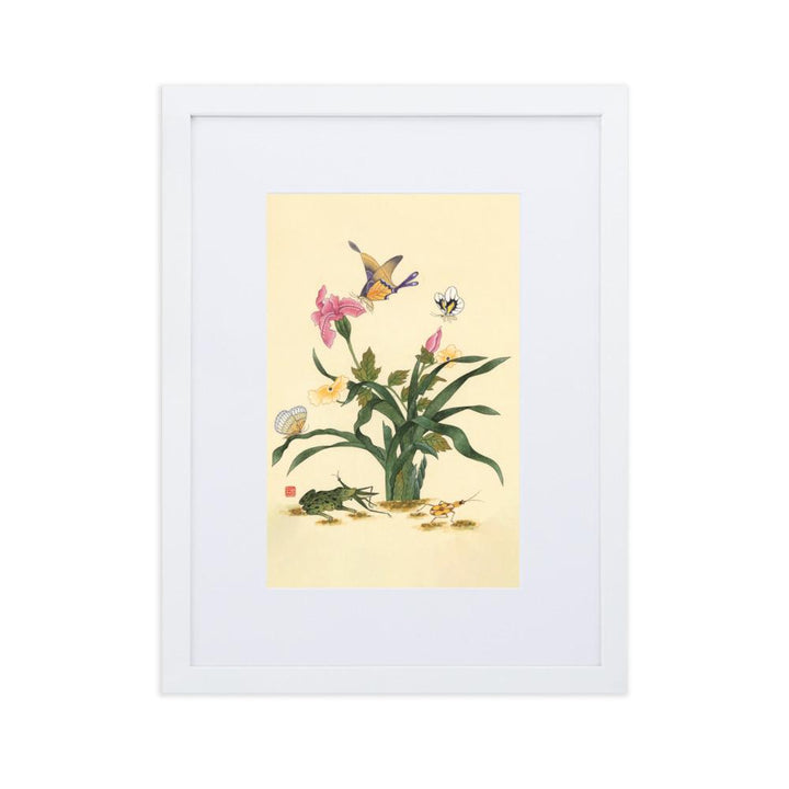 Blumen, Schmetteringe und Frosch - Poster im Rahmen mit Passepartout artlia Weiß / 30×40 cm artlia