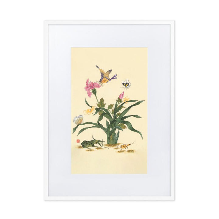 Blumen, Schmetteringe und Frosch - Poster im Rahmen mit Passepartout artlia Weiß / 50×70 cm artlia