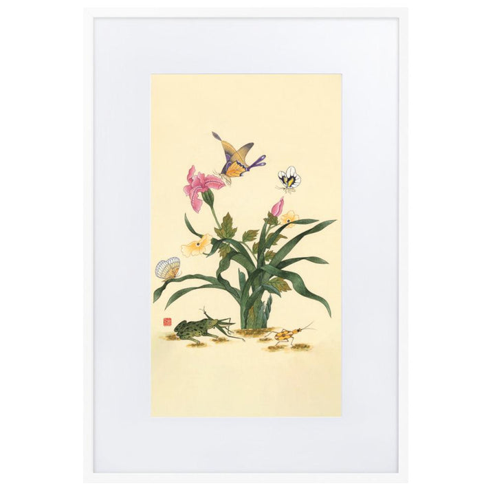 Blumen, Schmetteringe und Frosch - Poster im Rahmen mit Passepartout artlia Weiß / 61×91 cm artlia