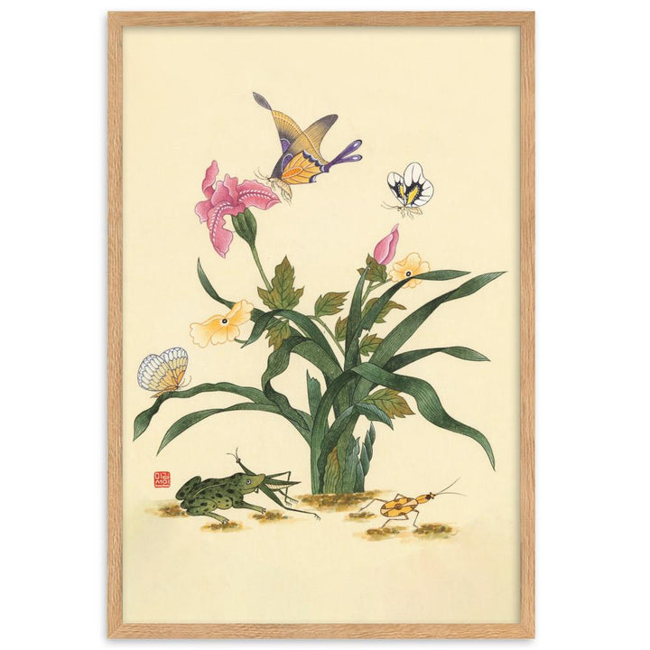 Blumen, Schmetteringe und Frosch - Poter im Rahmen artlia Oak / 61×91 cm artlia