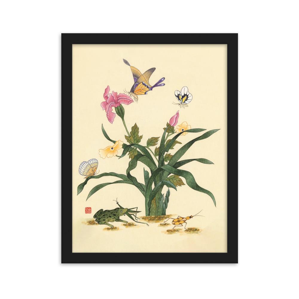Blumen, Schmetteringe und Frosch - Poter im Rahmen artlia Schwarz / 30×40 cm artlia