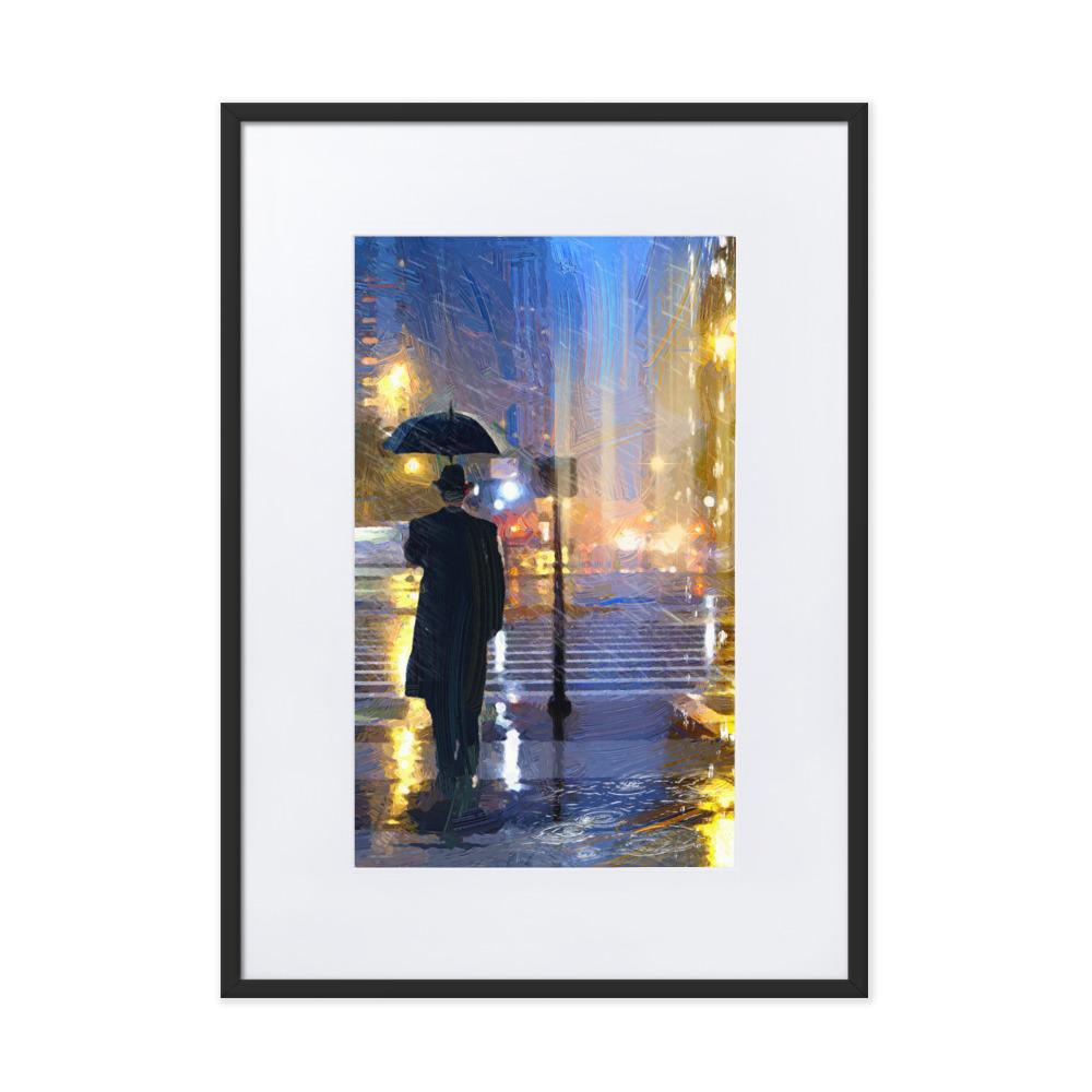 Downtown im Regen - Poster im Rahmen mit Passepartout Kuratoren von artlia schwarz / 50×70 cm artlia