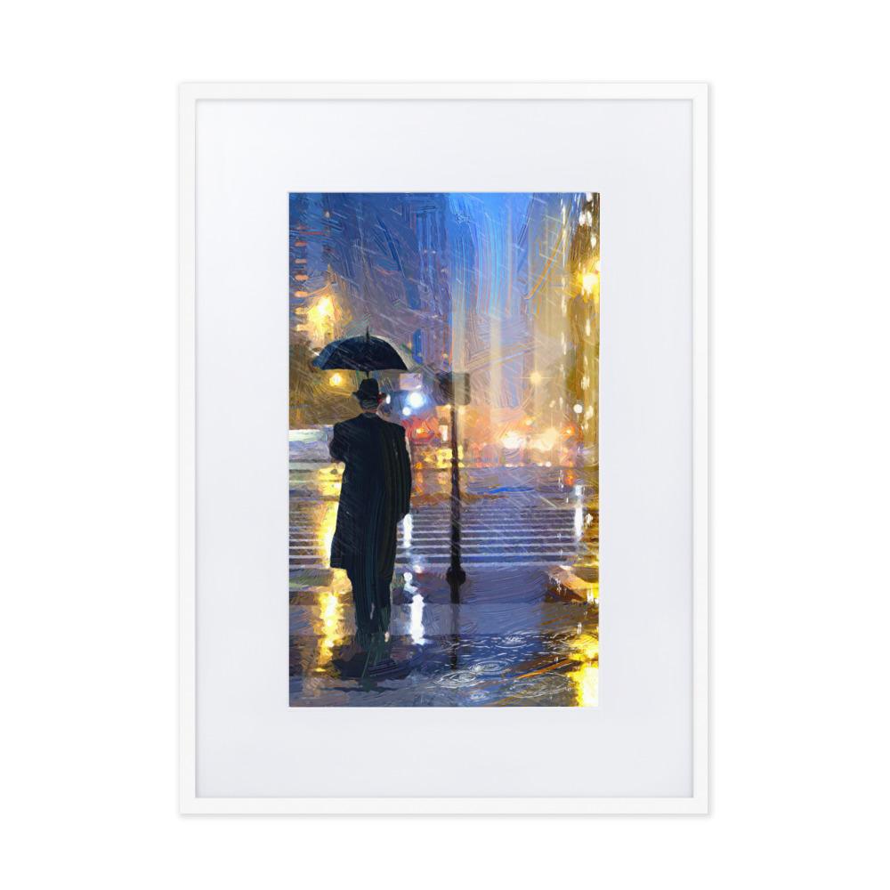 Downtown im Regen - Poster im Rahmen mit Passepartout Kuratoren von artlia weiß / 50×70 cm artlia