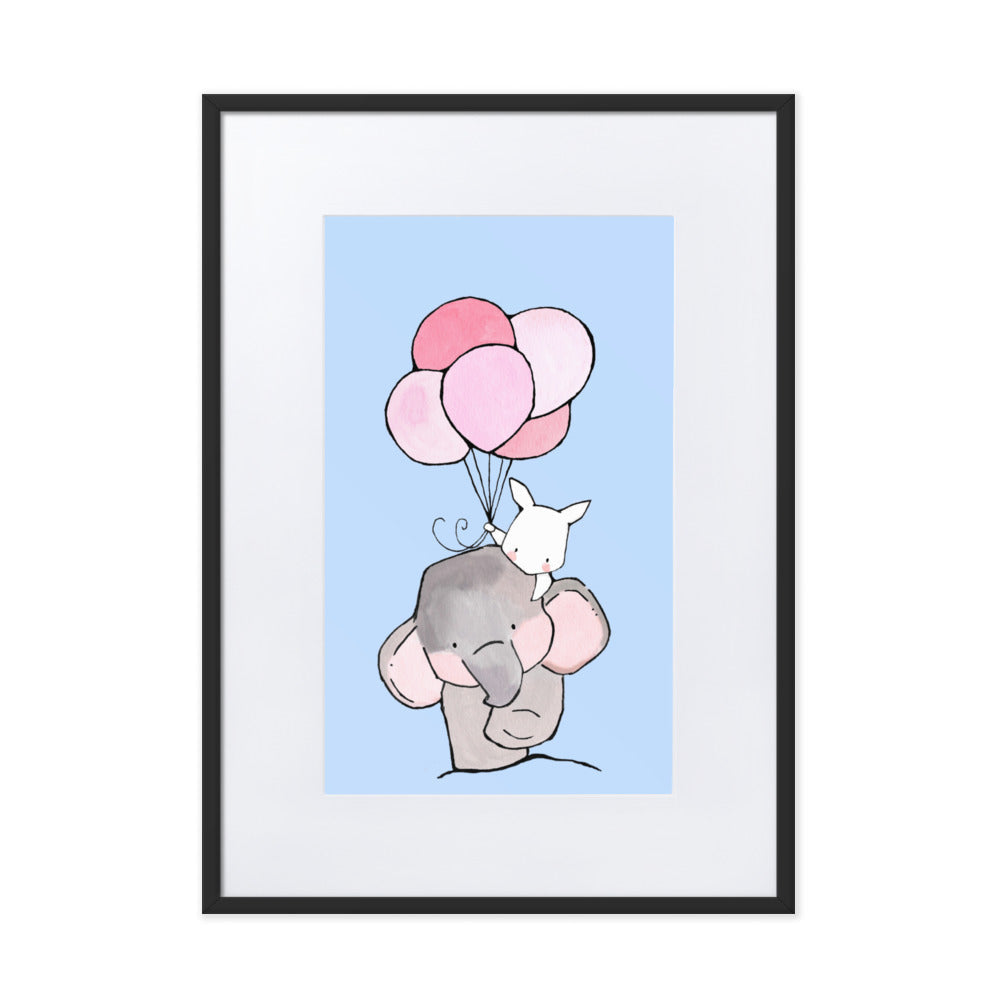 Poster mit Passepartout - Elefant und Hase mit Luftballon Kuratoren von artlia Schwarz / 50×70 cm artlia