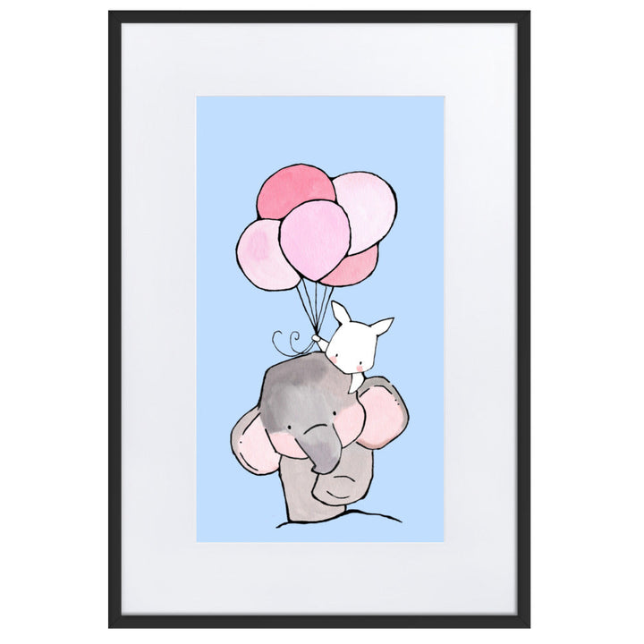 Poster mit Passepartout - Elefant und Hase mit Luftballon Kuratoren von artlia Schwarz / 61×91 cm artlia