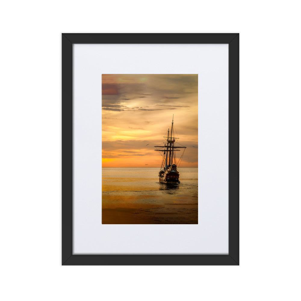 Poster mit Passepartout - Schiff im Sonnenuntergang Kuratoren von artlia Schwarz / 30×40 cm artlia