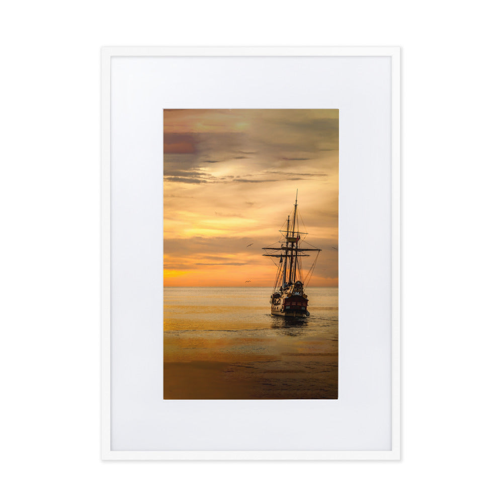 Poster mit Passepartout - Schiff im Sonnenuntergang Kuratoren von artlia Weiß / 50×70 cm artlia