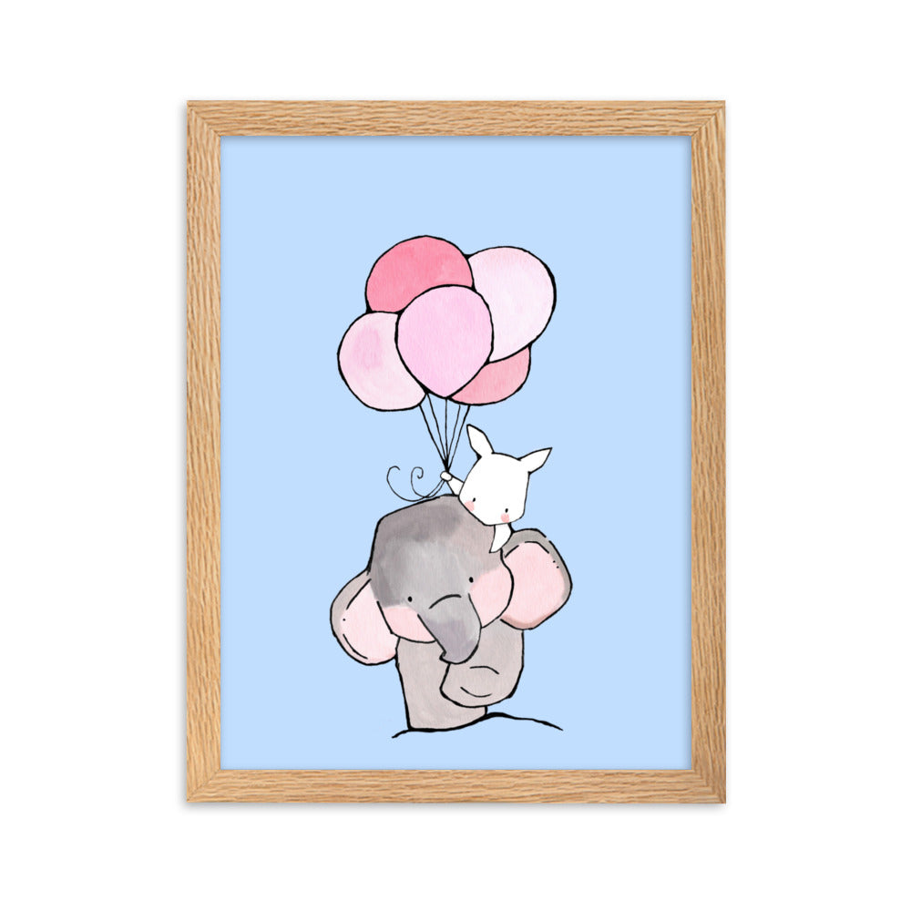 Poster mit Rahmen - Elefant und Hase mit Luftballon Kuratoren von artlia Oak / 30×40 cm artlia