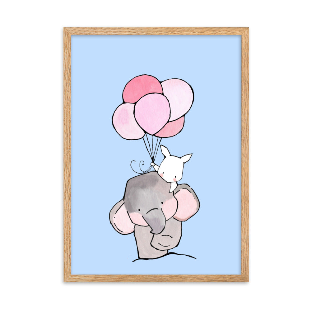 Poster mit Rahmen - Elefant und Hase mit Luftballon Kuratoren von artlia Oak / 50×70 cm artlia