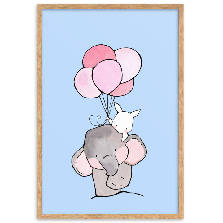 Poster mit Rahmen - Elefant und Hase mit Luftballon Kuratoren von artlia Oak / 61×91 cm artlia
