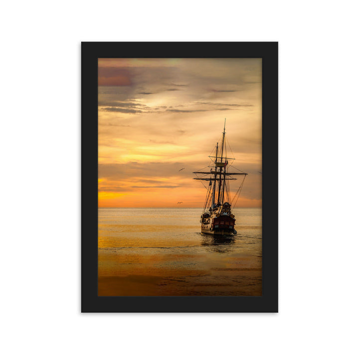 Poster mit Rahmen - Schiff im Sonnenuntergang Kuratoren von artlia Schwarz / 21×30 cm artlia