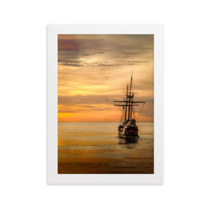 Poster mit Rahmen - Schiff im Sonnenuntergang Kuratoren von artlia Weiß / 21×30 cm artlia