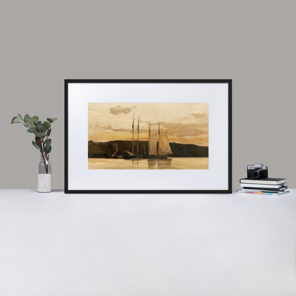 Schiffe im Sonnenuntergang - Poster im Rahmen mit Passepartout Boston Public Library artlia