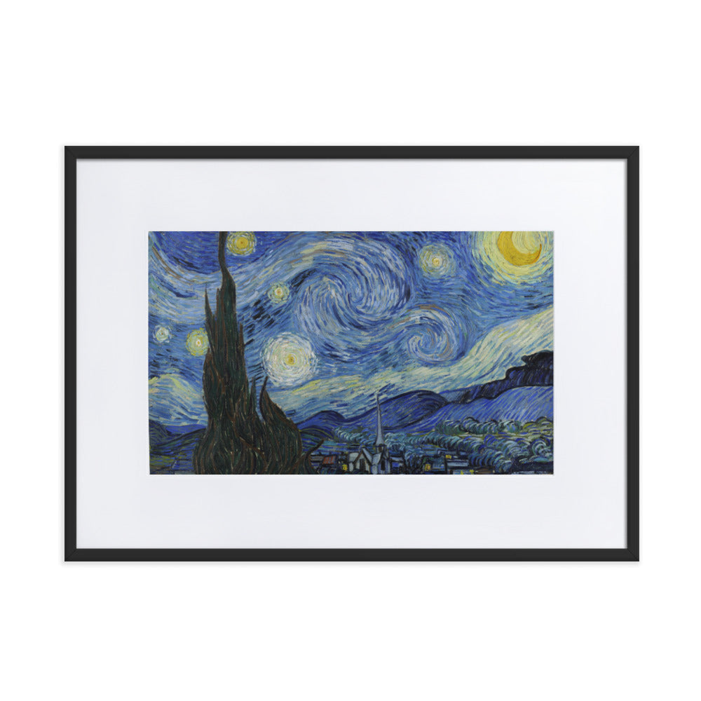 Starry Night, Van Gogh - Poster im Rahmen mit Passepartout Van Gogh horizontal (original) / Schwarz / 50×70 cm artlia