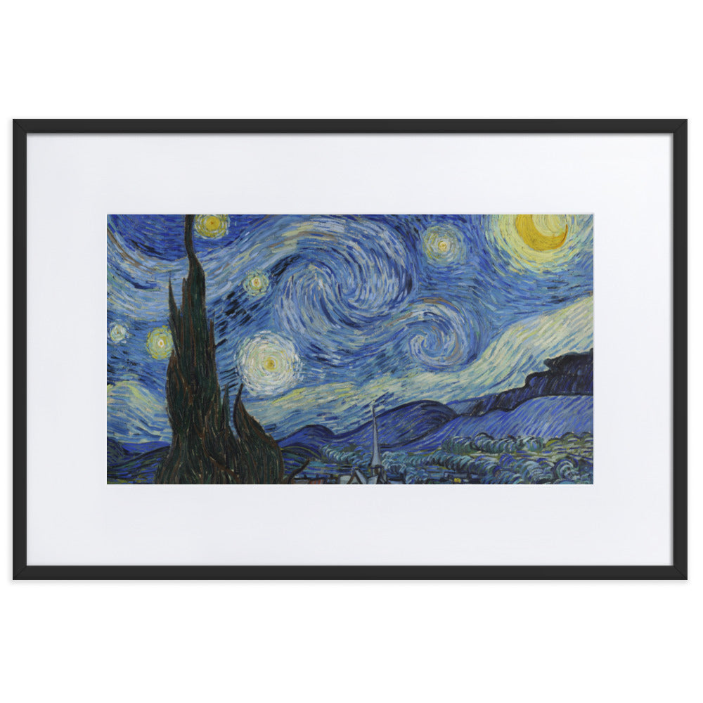 Starry Night, Van Gogh - Poster im Rahmen mit Passepartout Van Gogh horizontal (original) / Schwarz / 61×91 cm artlia